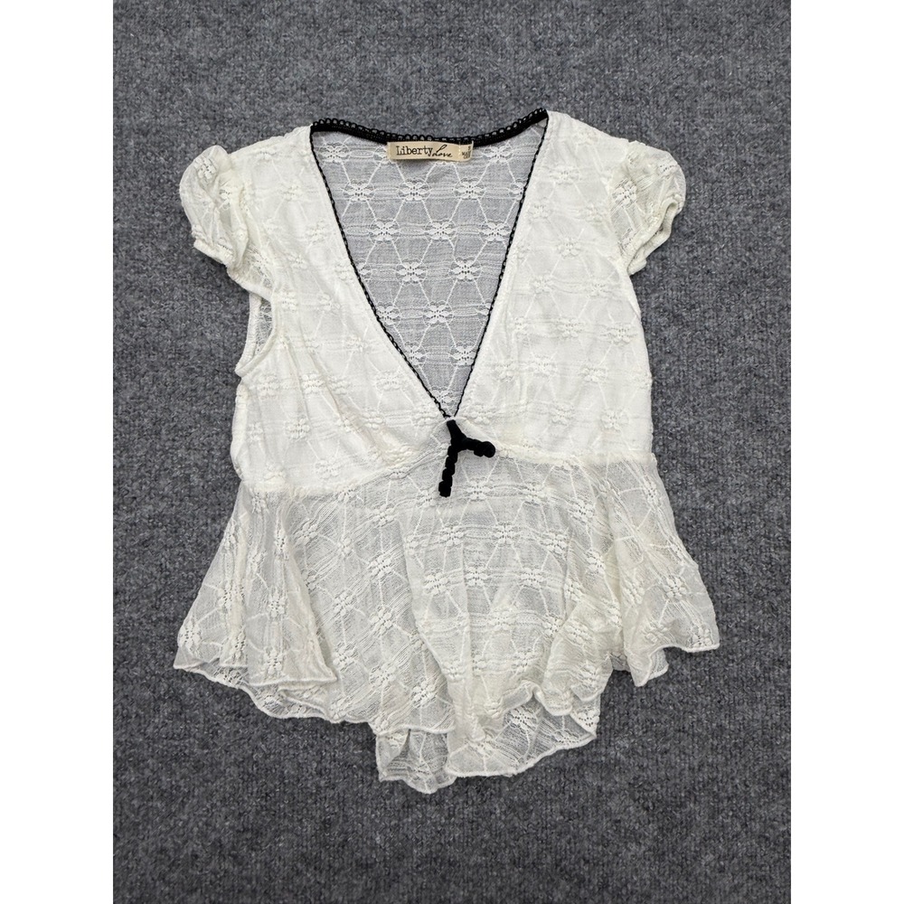 Liberty Love Womens White‎ Floral Lace Peplum Top Black Trim V-Neck Small